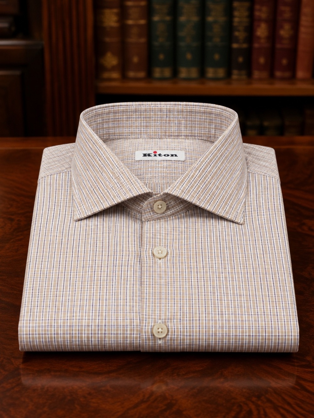 Kiton Light Beige and Blue Micro-Plaid Dress Shirt